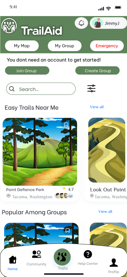 Homescreen of the trail aid app